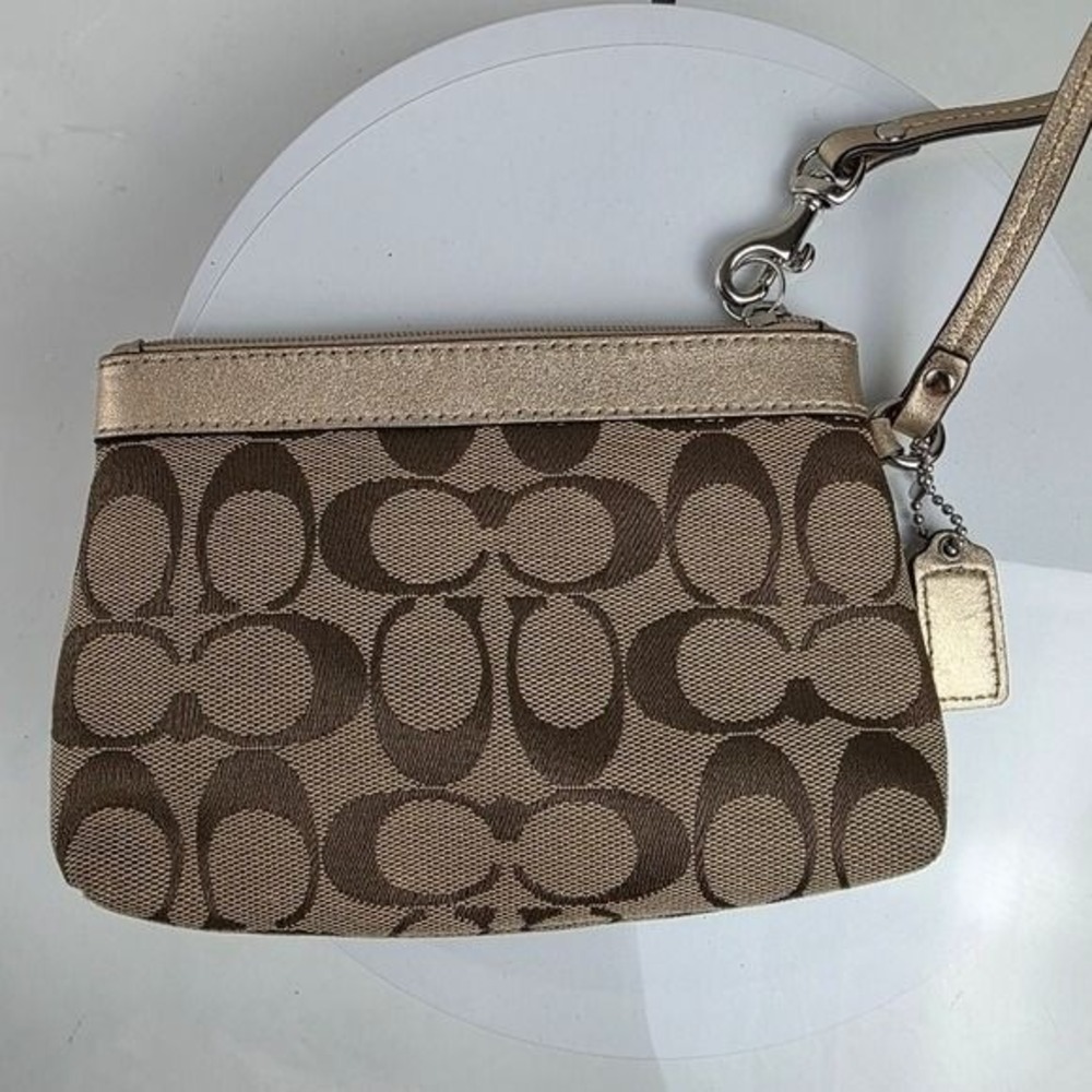 Coach Brown Gold Clutch Wristlet Coin Pouch Purse Small Canvas Jacquard Leather - Picture 3 of 9